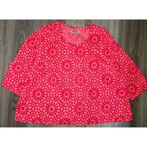 Flax Womens 1G Pink Whimsical Floral 100% Linen 3/4 Sleeve Boxy Top Blouse